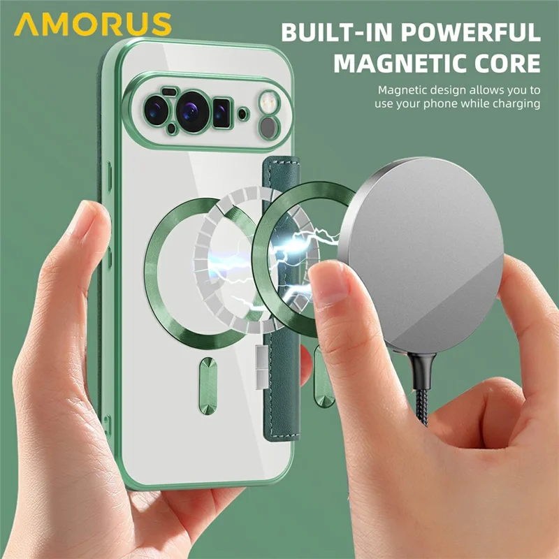AMORUS For Google Pixel 10 Pro XL Case Compatible with MagSafe RFID Blocking Card Holder Leather Phone Cover - Blackish Green