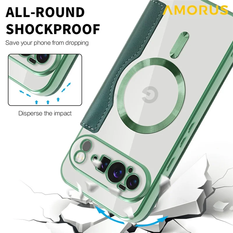 AMORUS For Google Pixel 10 Pro XL Case Compatible with MagSafe RFID Blocking Card Holder Leather Phone Cover - Blackish Green