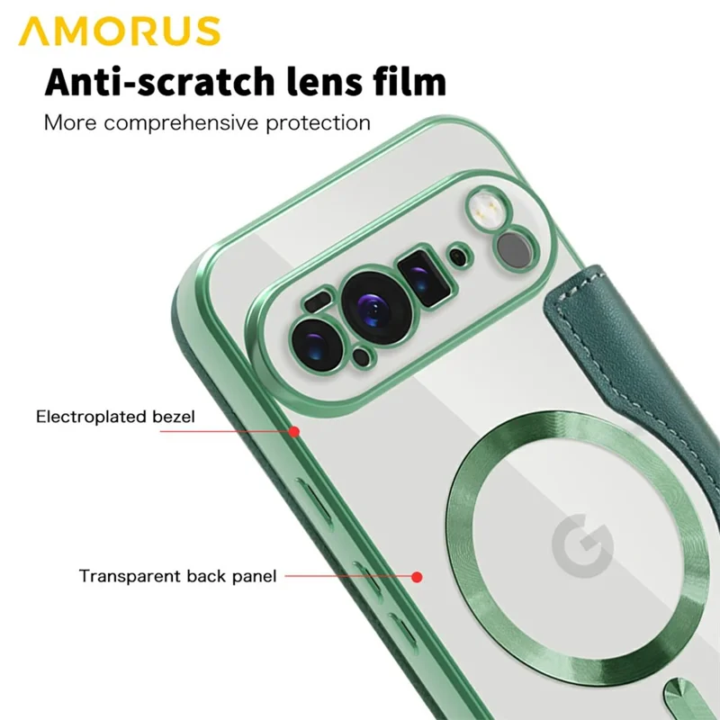 AMORUS For Google Pixel 10 Pro XL Case Compatible with MagSafe RFID Blocking Card Holder Leather Phone Cover - Blackish Green