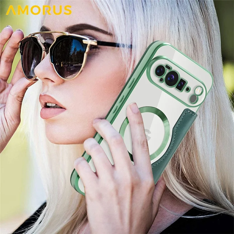 AMORUS For Google Pixel 10 Pro XL Case Compatible with MagSafe RFID Blocking Card Holder Leather Phone Cover - Blackish Green
