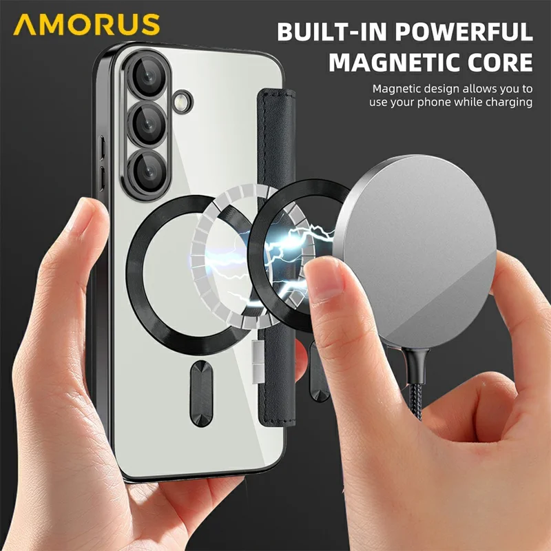 AMORUS Чехол для Samsung Galaxy A36 5G совместимый с MagSafe RFID Блокировка держателя для карт Кожаный чехол для телефона - Черный