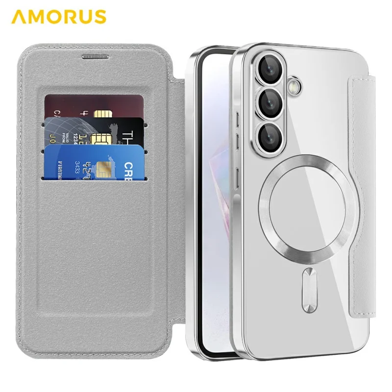 AMORUS For Samsung Galaxy A36 5G Magnetic Case RFID Blocking Card Holder Leather Phone Cover - Titanium Grey