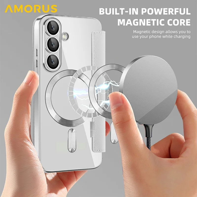 AMORUS For Samsung Galaxy A36 5G Magnetic Case RFID Blocking Card Holder Leather Phone Cover - Titanium Grey