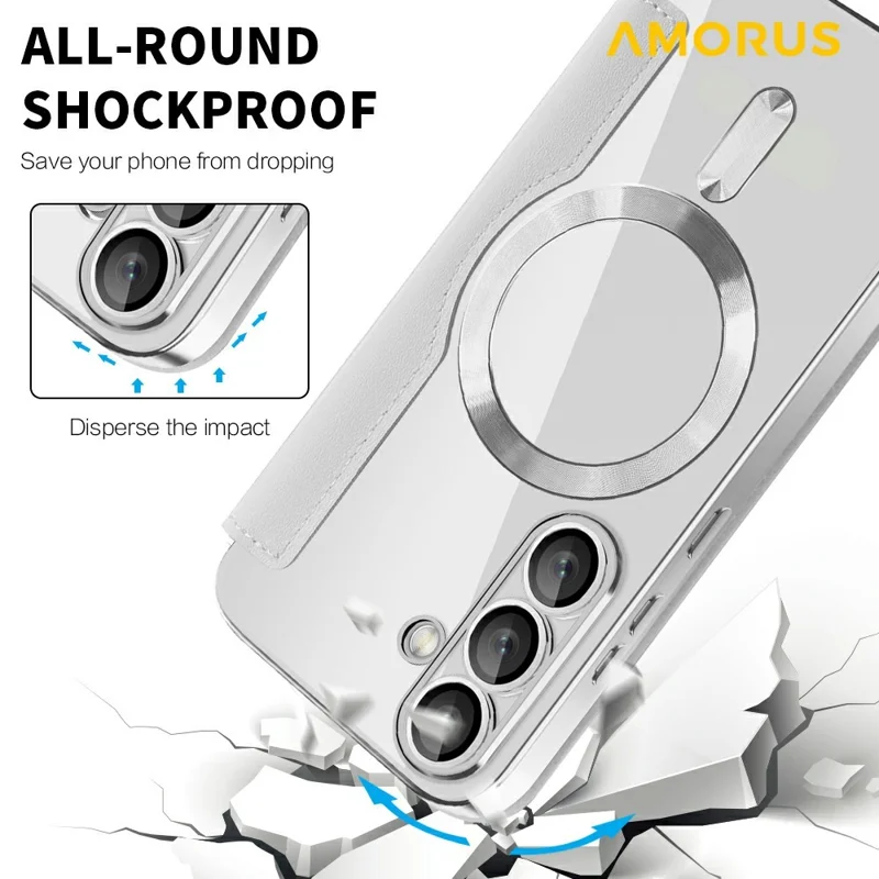 AMORUS For Samsung Galaxy A36 5G Magnetic Case RFID Blocking Card Holder Leather Phone Cover - Titanium Grey