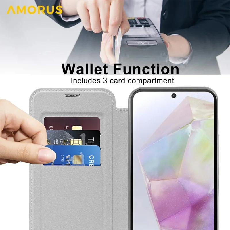 AMORUS For Samsung Galaxy A36 5G Magnetic Case RFID Blocking Card Holder Leather Phone Cover - Titanium Grey