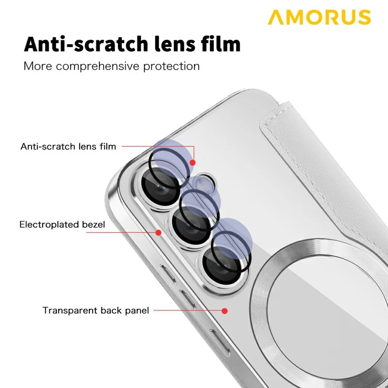 AMORUS For Samsung Galaxy A36 5G Magnetic Case RFID Blocking Card Holder Leather Phone Cover - Titanium Grey