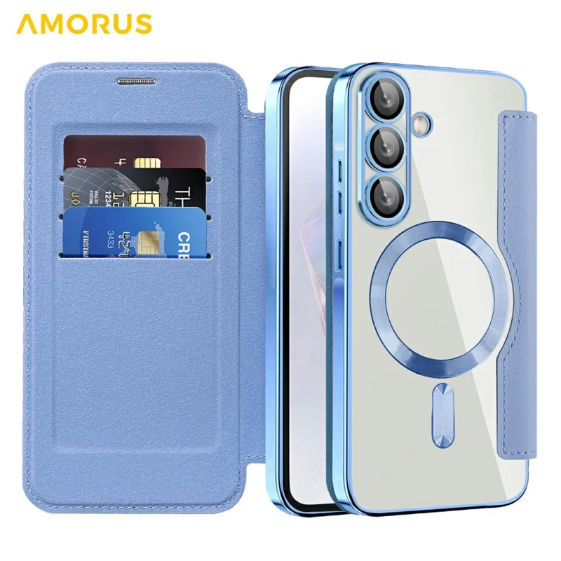 AMORUS For Samsung Galaxy A36 5G Magnetic Case RFID Blocking Card Holder Leather Phone Cover - Blue