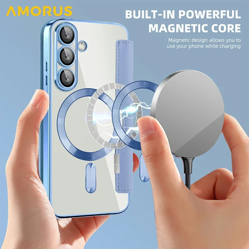 AMORUS For Samsung Galaxy A36 5G Magnetic Case RFID Blocking Card Holder Leather Phone Cover - Blue