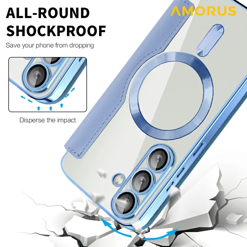 AMORUS For Samsung Galaxy A36 5G Magnetic Case RFID Blocking Card Holder Leather Phone Cover - Blue