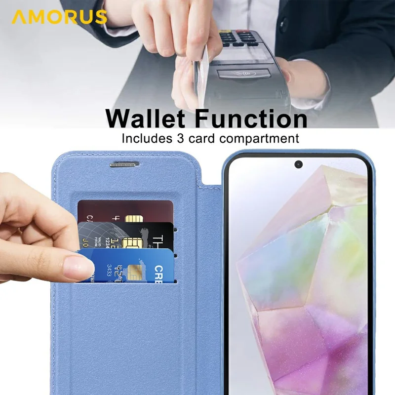 AMORUS For Samsung Galaxy A36 5G Magnetic Case RFID Blocking Card Holder Leather Phone Cover - Blue
