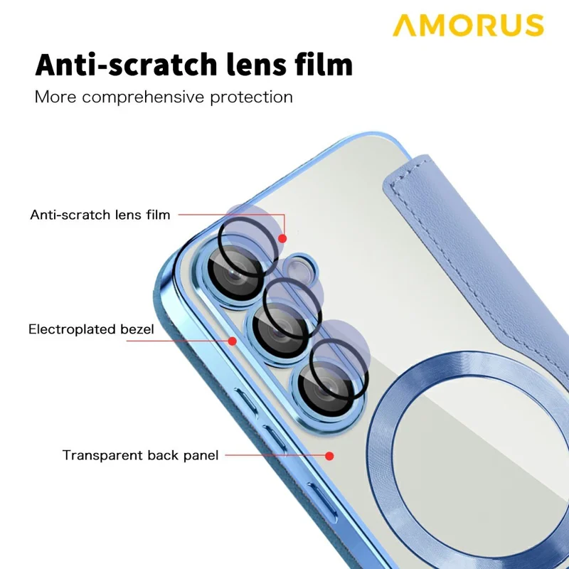 AMORUS For Samsung Galaxy A36 5G Magnetic Case RFID Blocking Card Holder Leather Phone Cover - Blue