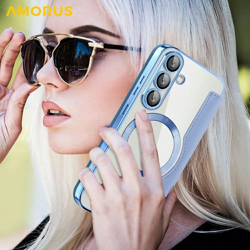 AMORUS For Samsung Galaxy A36 5G Magnetic Case RFID Blocking Card Holder Leather Phone Cover - Blue