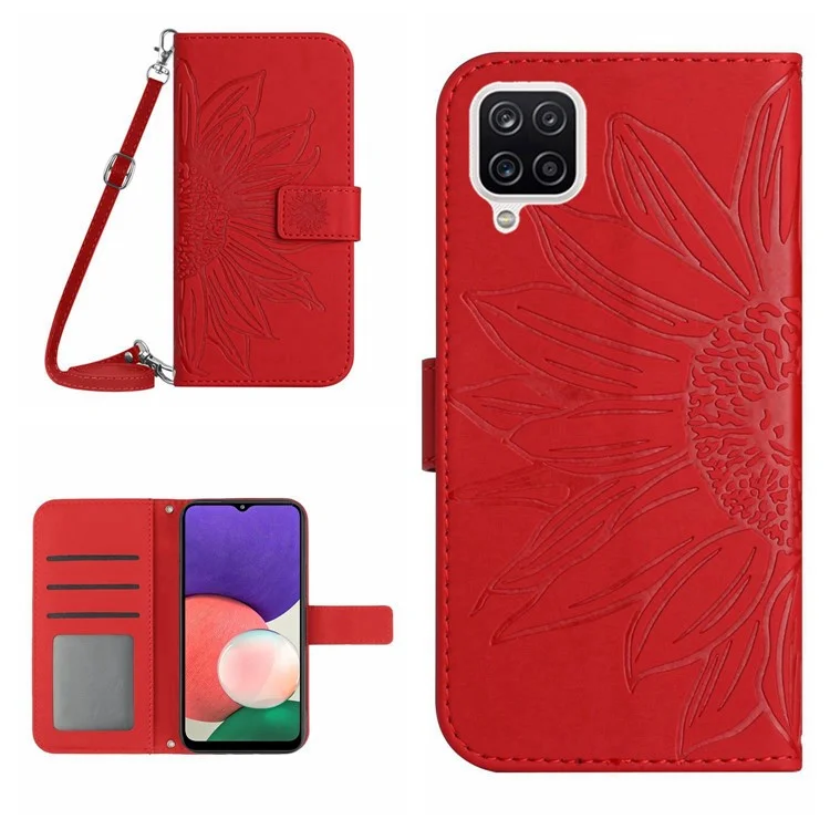 Для Samsung Galaxy A22 4G (версия Eu) HT04 Skin-touch Immply Phone Cover Cover Кожаная Подставка Для Складной Стойки Против Царапин-кошелек с Плечевым Ремешком - Красный