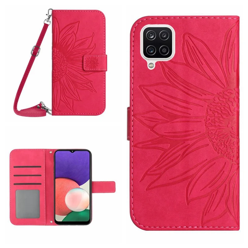 For Samsung Galaxy A22 4G (EU Version) HT04 Skin-touch Imprinted Sunflower Phone Cover PU Leather Foldable Stand Anti-scratch Wallet Case with Shoulder Strap - Rose