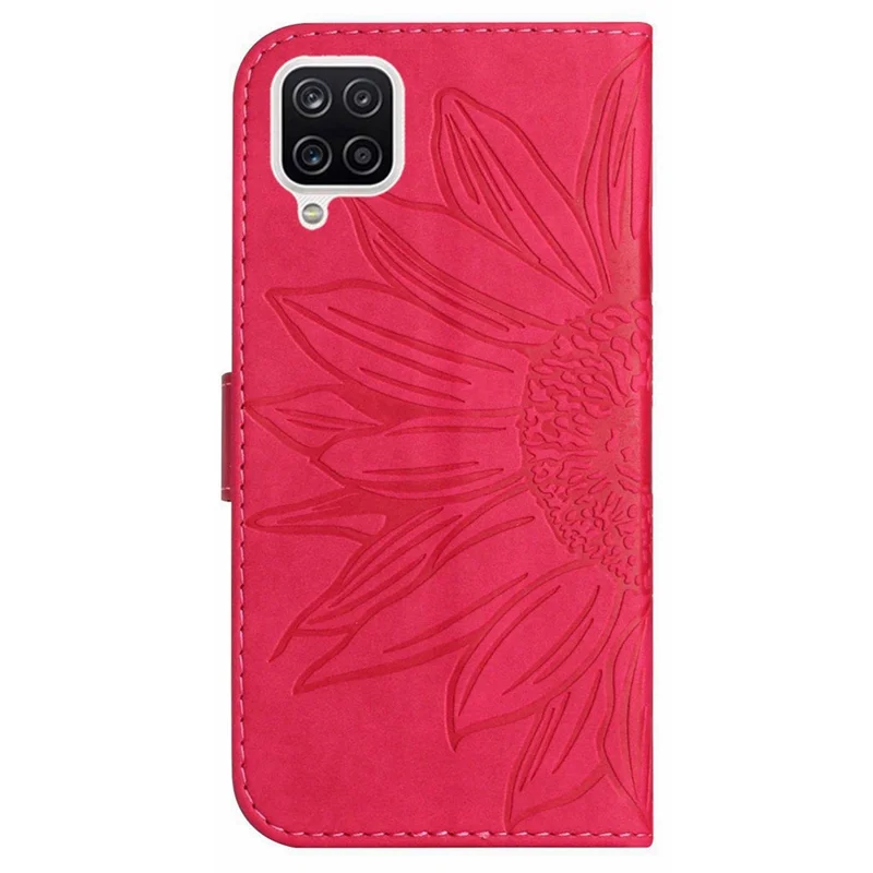 For Samsung Galaxy A22 4G (EU Version) HT04 Skin-touch Imprinted Sunflower Phone Cover PU Leather Foldable Stand Anti-scratch Wallet Case with Shoulder Strap - Rose