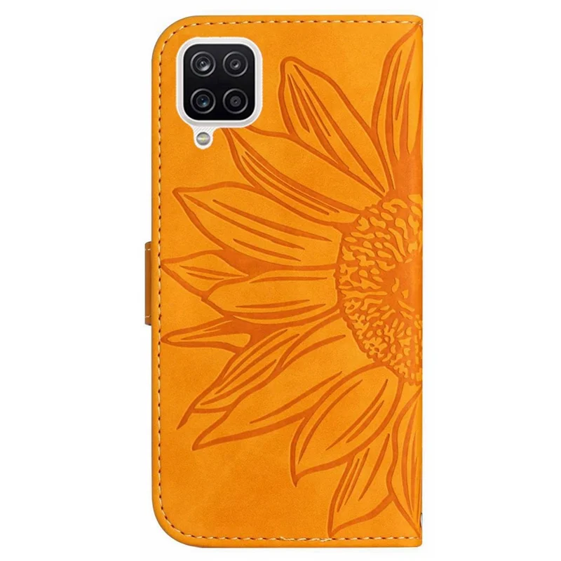 For Samsung Galaxy A22 4G (EU Version) HT04 Skin-touch Imprinted Sunflower Phone Cover PU Leather Foldable Stand Anti-scratch Wallet Case with Shoulder Strap - Yellow