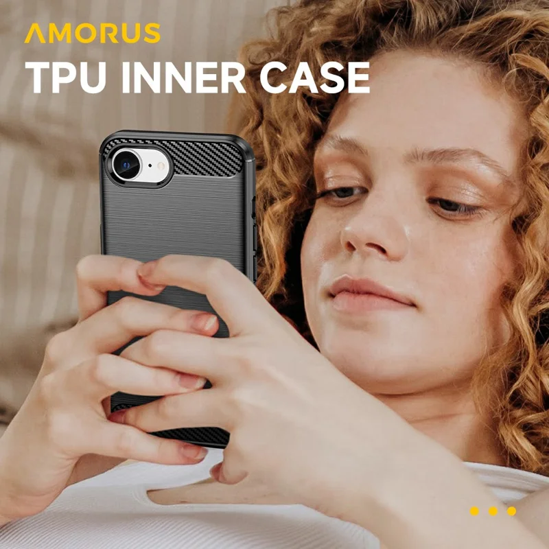 AMORUS voor iPhone 16e hoesje met koolstofvezelstructuur Geborsteld beschermend telefoonhoesje - Zwart