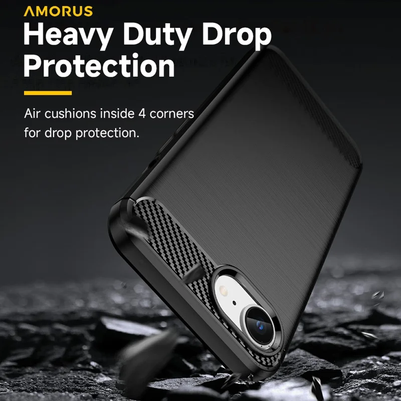 AMORUS voor iPhone 16e hoesje met koolstofvezelstructuur Geborsteld beschermend telefoonhoesje - Zwart