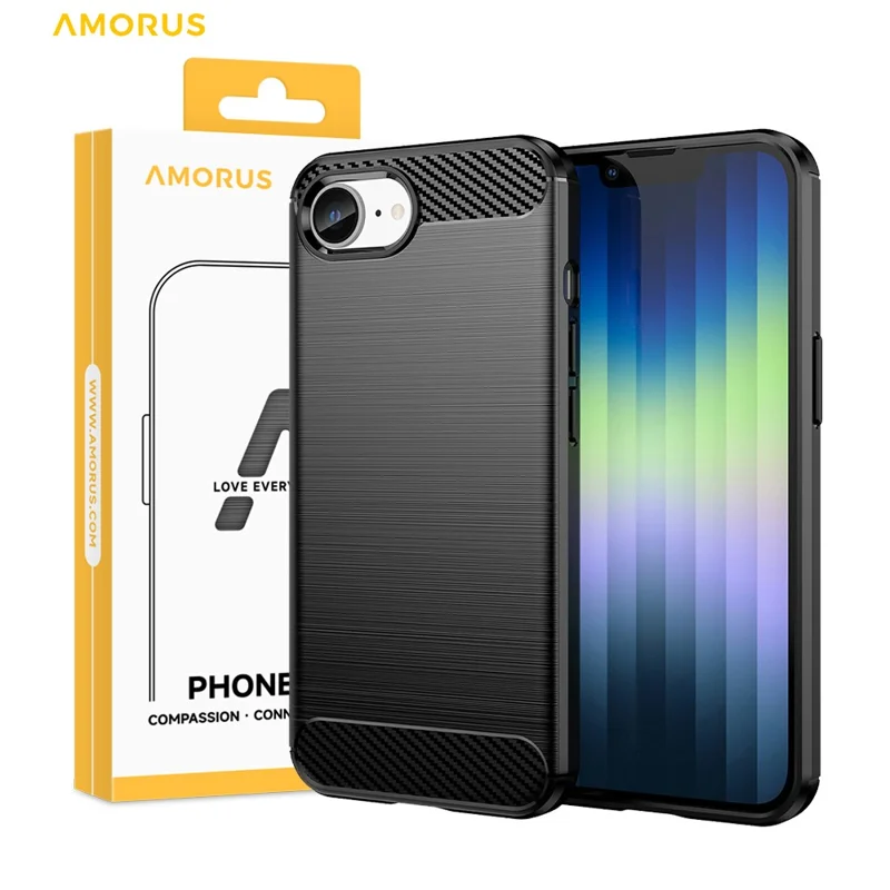AMORUS voor iPhone 16e hoesje met koolstofvezelstructuur Geborsteld beschermend telefoonhoesje - Zwart