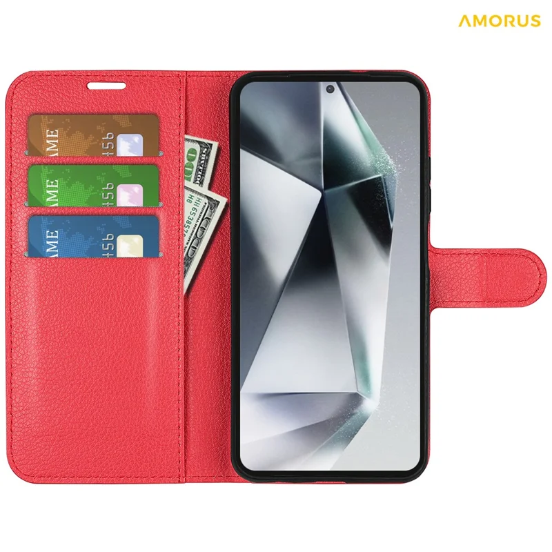 AMORUS For Samsung Galaxy S24 Ultra Wallet Case Litchi Texture Shockproof Leather Flip Stand Phone Cover - Red