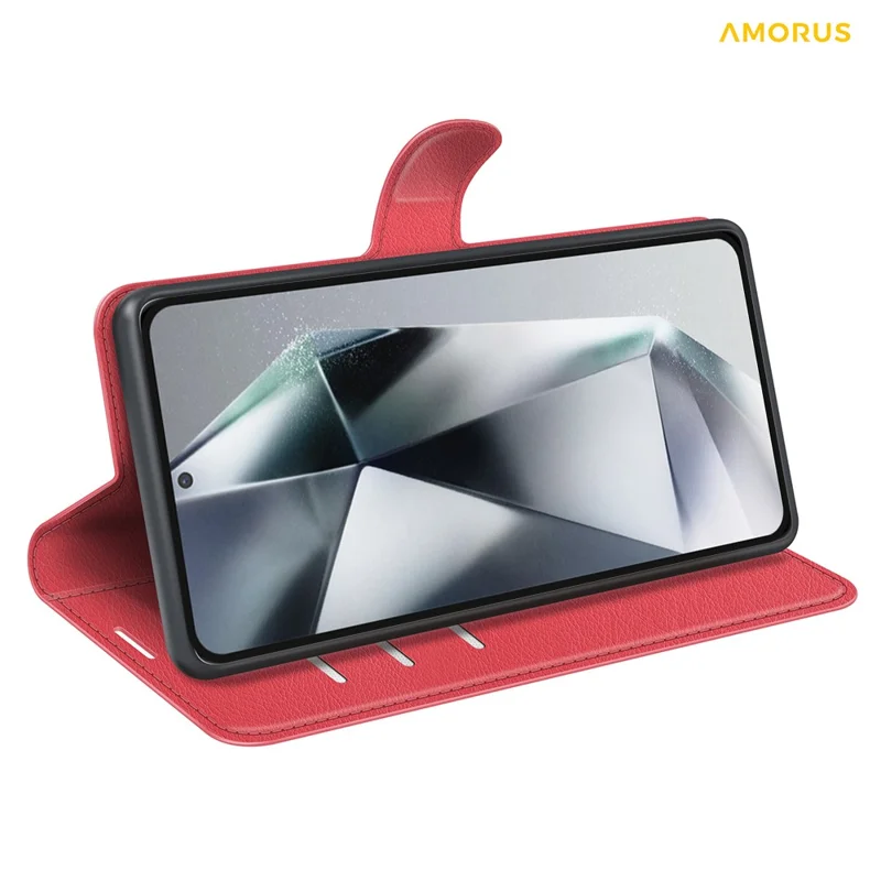 AMORUS For Samsung Galaxy S24 Ultra Wallet Case Litchi Texture Shockproof Leather Flip Stand Phone Cover - Red