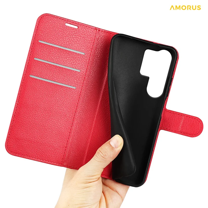 AMORUS For Samsung Galaxy S24 Ultra Wallet Case Litchi Texture Shockproof Leather Flip Stand Phone Cover - Red