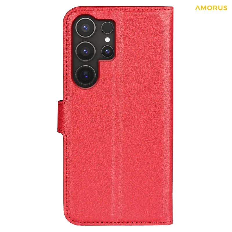AMORUS For Samsung Galaxy S24 Ultra Wallet Case Litchi Texture Shockproof Leather Flip Stand Phone Cover - Red