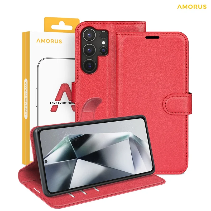 AMORUS For Samsung Galaxy S24 Ultra Wallet Case Litchi Texture Shockproof Leather Flip Stand Phone Cover - Red