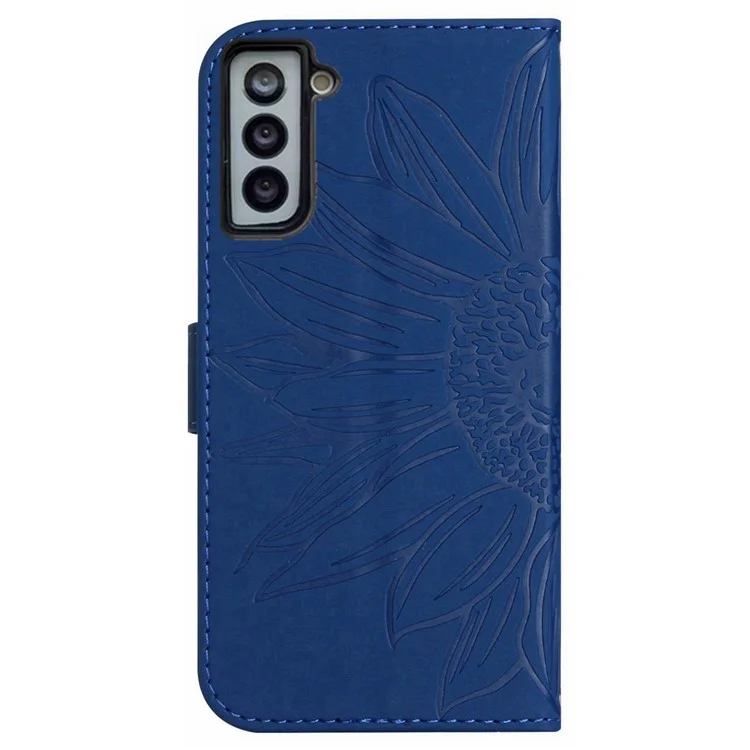 For Samsung Galaxy S22 5G HT04 Skin-touch PU Leather Case Imprinted Sunflower Phone Stand Wallet Cover with Shoulder Strap - Sapphire