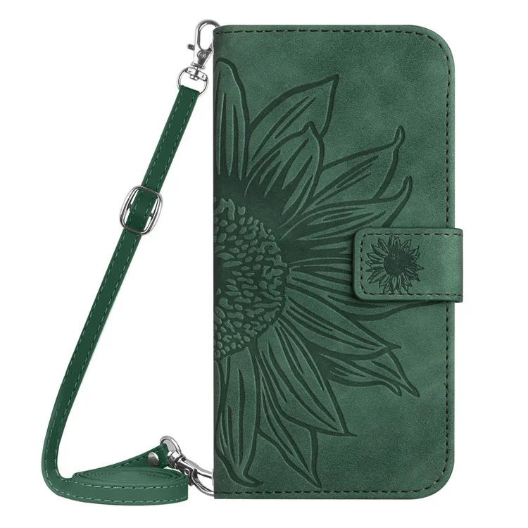 Para Samsung Galaxy S22 Ultra 5G HT04 Anti-scratch Imprinted Sunflower Phone Cover Skin-touch PU Leather Stand Wallet Case with Shoulder Strap - Verde Oscuro