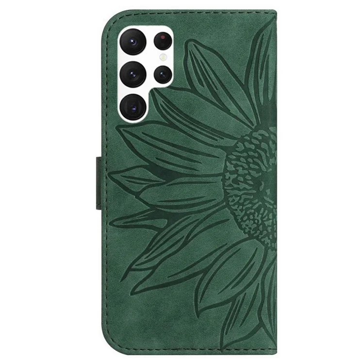 Para Samsung Galaxy S22 Ultra 5G HT04 Anti-scratch Imprinted Sunflower Phone Cover Skin-touch PU Leather Stand Wallet Case with Shoulder Strap - Verde Oscuro