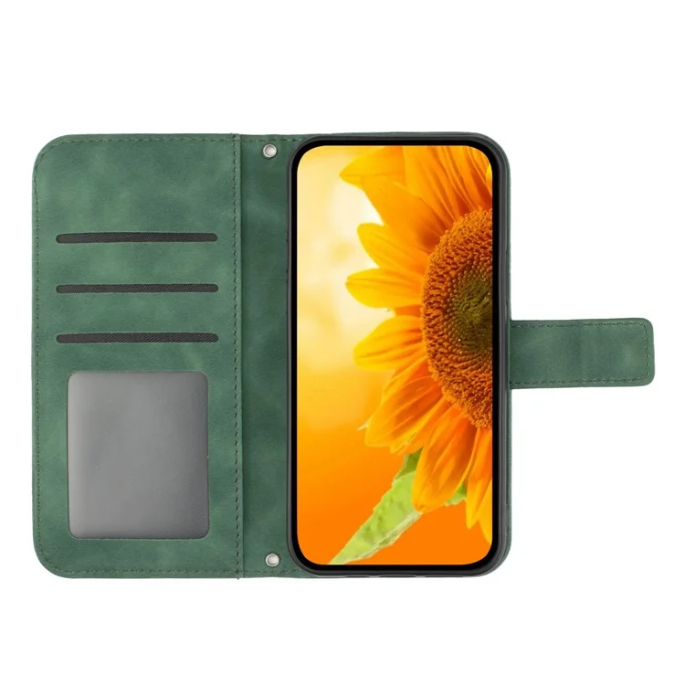 Para Samsung Galaxy S22 Ultra 5G HT04 Anti-scratch Imprinted Sunflower Phone Cover Skin-touch PU Leather Stand Wallet Case with Shoulder Strap - Verde Oscuro