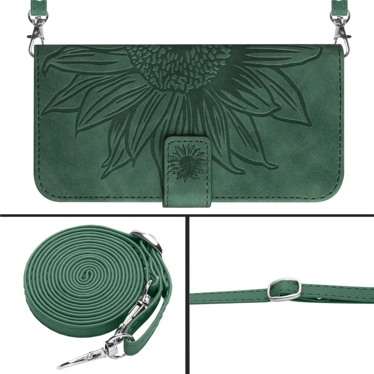 Para Samsung Galaxy S22 Ultra 5G HT04 Anti-scratch Imprinted Sunflower Phone Cover Skin-touch PU Leather Stand Wallet Case with Shoulder Strap - Verde Oscuro