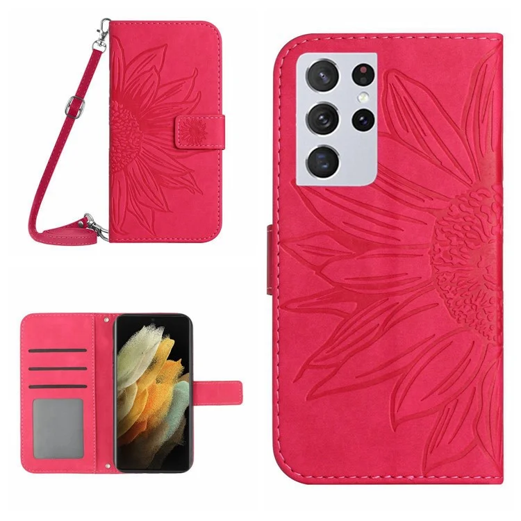 Skin-friendly Phone Case For Samsung Galaxy S21 Ultra 5G, HT04 Imprinted Sunflower PU Leather Flip Wallet Stand Cover with Shoulder Strap - Rose