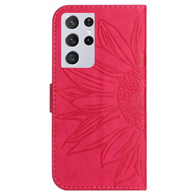 Skin-friendly Phone Case For Samsung Galaxy S21 Ultra 5G, HT04 Imprinted Sunflower PU Leather Flip Wallet Stand Cover with Shoulder Strap - Rose