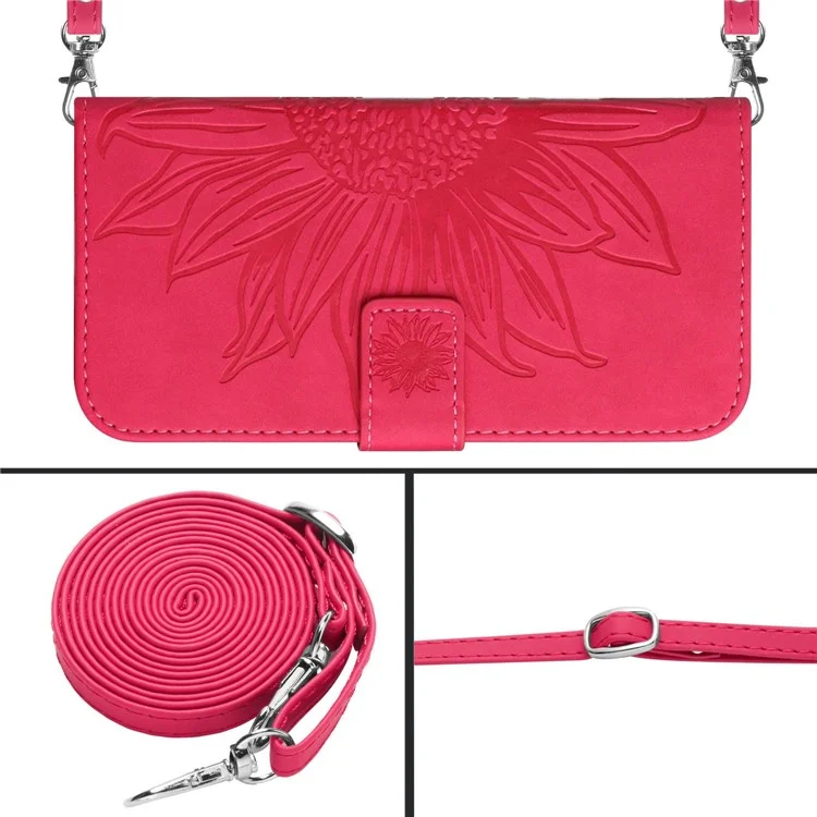 Skin-friendly Phone Case For Samsung Galaxy S21 Ultra 5G, HT04 Imprinted Sunflower PU Leather Flip Wallet Stand Cover with Shoulder Strap - Rose