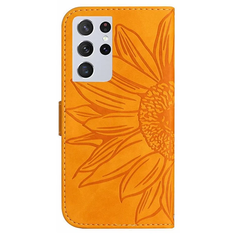 Étui de téléphone doux pour la peau pour Samsung Galaxy S21 Ultra 5G, HT04 avec motif tournesol imprimé en cuir PU flip à rabat avec support et bandoulière - Jaune