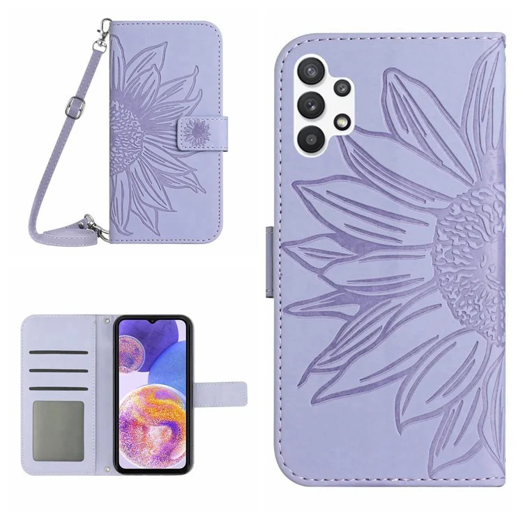 Para Samsung Galaxy A32 5G / M32 5G HT04 Touch de Pele Com Tampa de Girassol Capa de Phone de Couro PU Caixa de Barreta à Prova de Choque Com Alça de Ombro - Luz Roxa