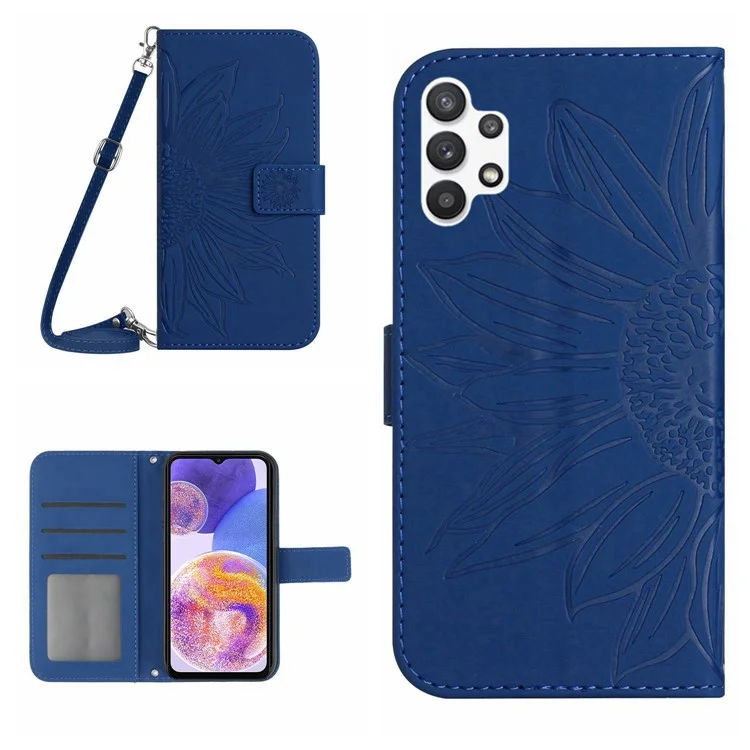 Para Samsung Galaxy A32 5G / M32 5G HT04 Touch de Pele Com Tampa de Girassol Capa de Phone de Couro PU Caixa de Barreta à Prova de Choque Com Alça de Ombro - Safira
