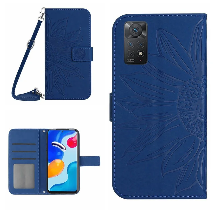 Para Xiaomi Redmi Note 11S 4G / Nota 11 4G (qualcomm) HT04 HT04 Imprimido Girasol PU Cuero Toque de Cuero Touch de Protección Completa Case de la Carcasa Del Teléfono Con Correa Para el Hombro - Zafiro