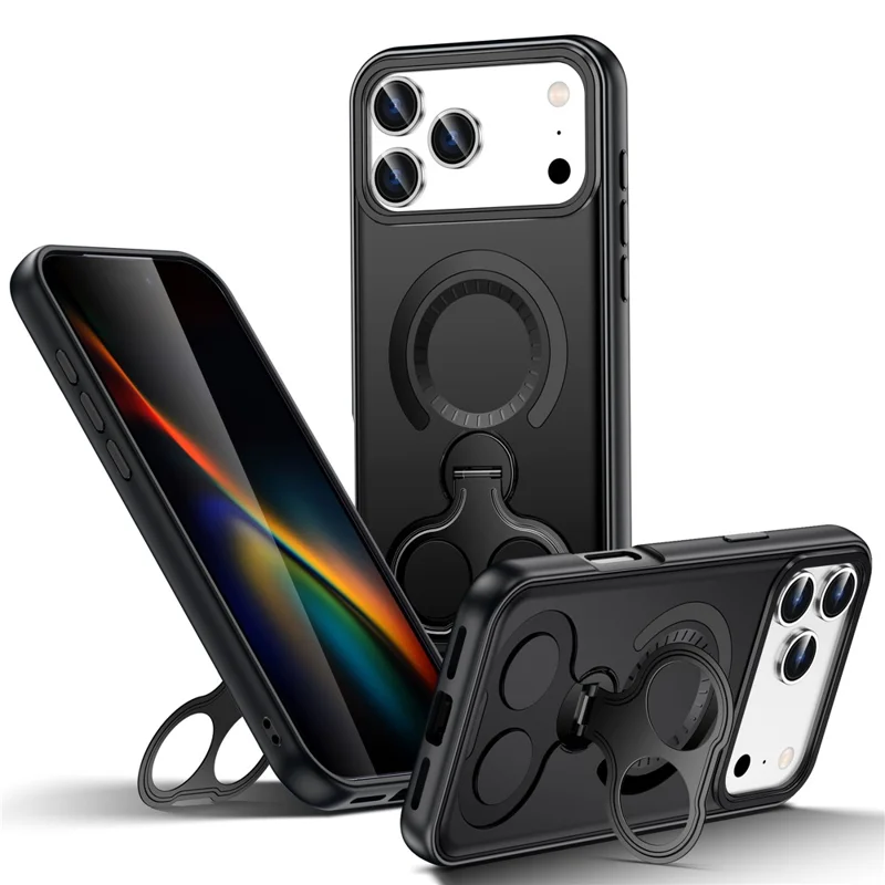 For iPhone 17 Pro Max Magnetic Case TPU + PC Shockproof Phone Cover with Dual Hole Kickstand - Black