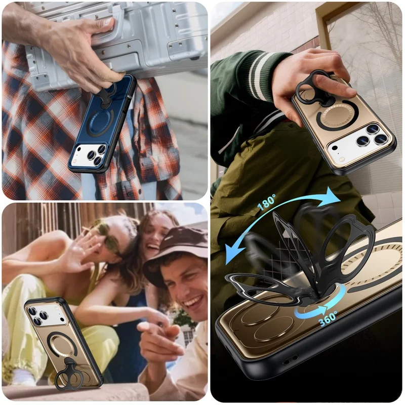For iPhone 17 Pro Max Magnetic Case TPU + PC Shockproof Phone Cover with Dual Hole Kickstand - Black
