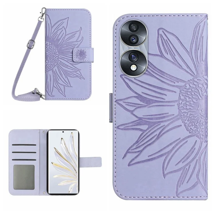 Pour Honor 70 5G Anti-drop Imprinted Sunflower PU Leather Wallet Phone Case Skin-touch Stand Magnetic Closure Cell Phone Cover with Shoulder Strap - Purple Clair