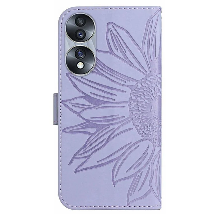 Pour Honor 70 5G Anti-drop Imprinted Sunflower PU Leather Wallet Phone Case Skin-touch Stand Magnetic Closure Cell Phone Cover with Shoulder Strap - Purple Clair