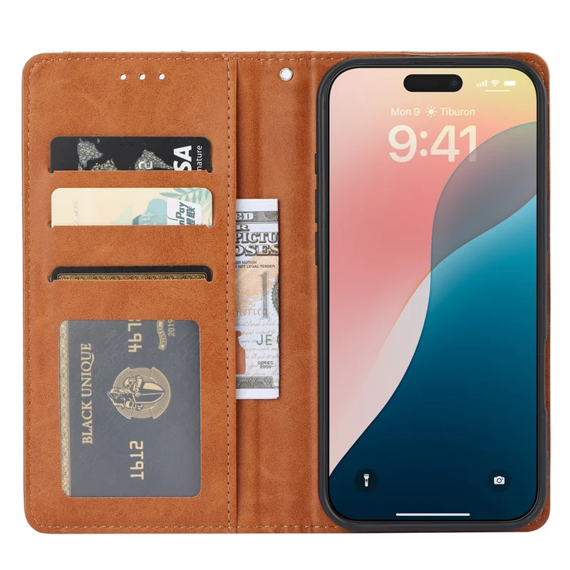 For iPhone 18 Pro / 17 Pro Cell Phone Case Magnetic Closing PU Leather Stand Cover - Light Brown