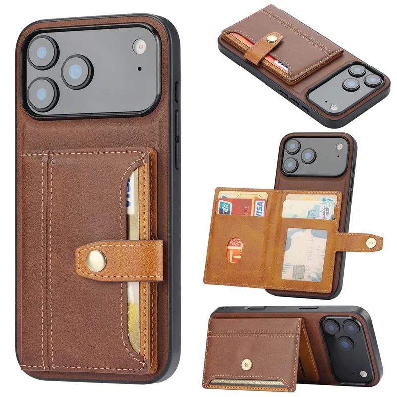 For iPhone 17 Pro Case Calf Texture Card Holder PU Leather + TPU Kicsktand Phone Cover - Brown