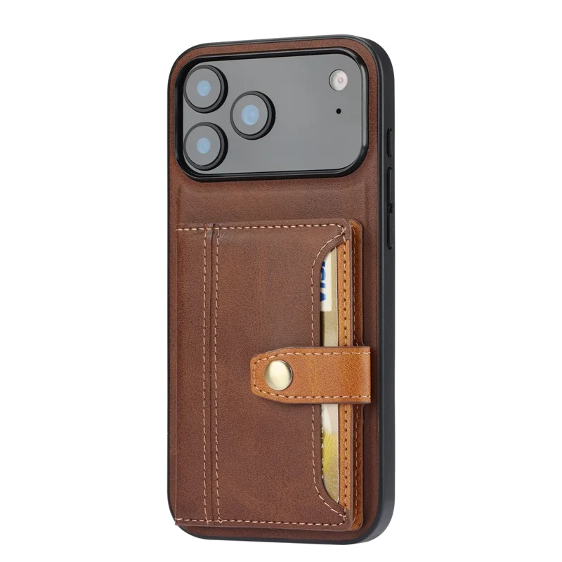 For iPhone 17 Pro Case Calf Texture Card Holder PU Leather + TPU Kicsktand Phone Cover - Brown