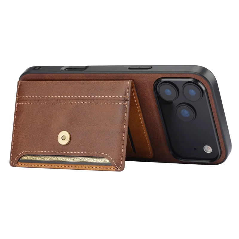 For iPhone 17 Pro Case Calf Texture Card Holder PU Leather + TPU Kicsktand Phone Cover - Brown