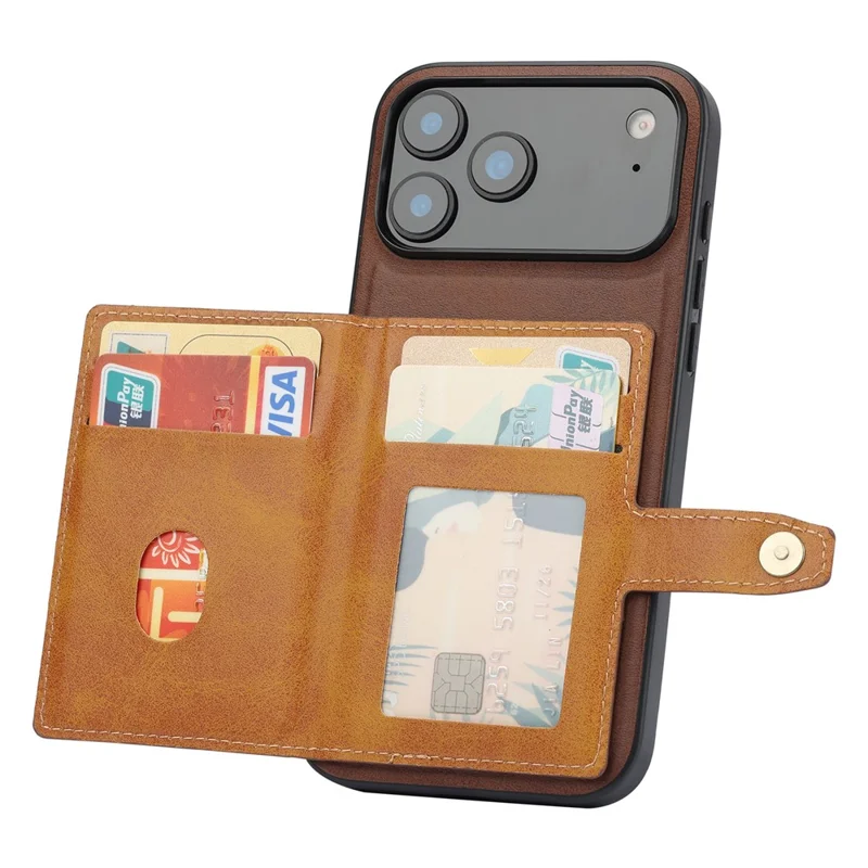 For iPhone 17 Pro Case Calf Texture Card Holder PU Leather + TPU Kicsktand Phone Cover - Brown