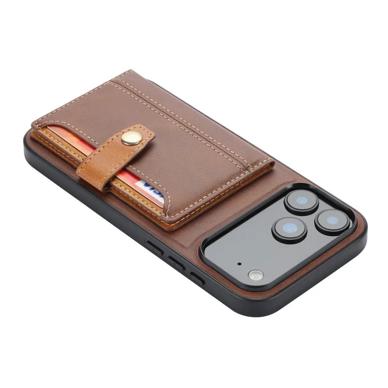 For iPhone 17 Pro Case Calf Texture Card Holder PU Leather + TPU Kicsktand Phone Cover - Brown